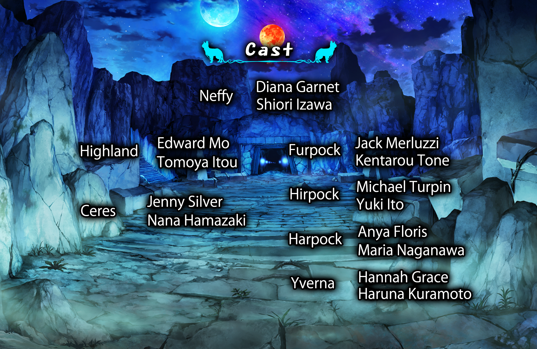 Cast Neffy:Diana Garnet,Shiori Izawa  Highland:Edward William Moosbrugger,Tomoya Ito  Ceres:Jenny Silver,Nana Hamasaki  Furpock:Jack Merluzzi,Kentaro Tone  Hirpock:Michael Turpin,Yuki Ito  Harpock:Anya Floris,Maria Naganawa  Yverna:Haruna Kuramoto,Hannah Grace