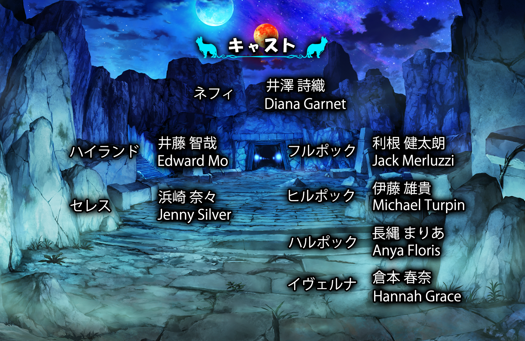 キャスト ネフィ:井澤詩織,Diana Garnet  ハイランド:井藤智哉,Edward Mo  セレス:浜崎奈々,Jenny Silver  フルポック:利根健太朗,Jack Merluzzi  ヒルポック:伊藤雄貴,Michael Turpin  ハルポック:長縄まりあ,Anya Floris  イヴェルナ:倉本春奈,Hannah Grace